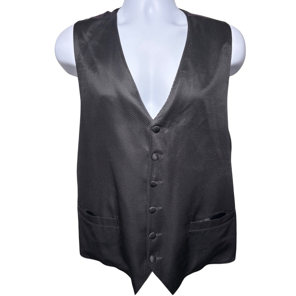 PERRY ELLIS Mens Black 100% Silk Diagonal Stripe Formal Vest L Classic Evening
